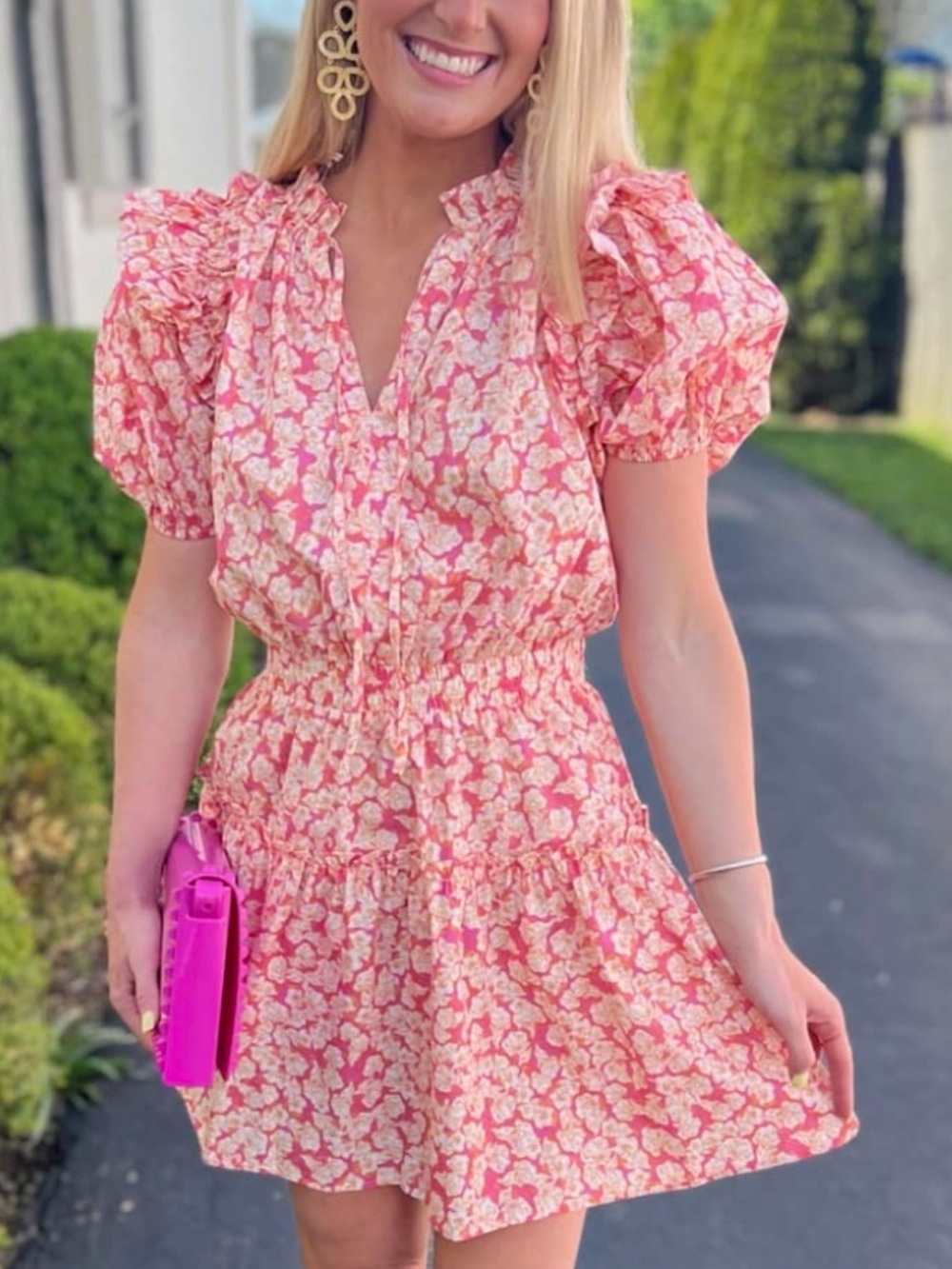 Pinch Pink and Coral Floral V-Neck Puff Sleeve Tiered Mini Dress - L
